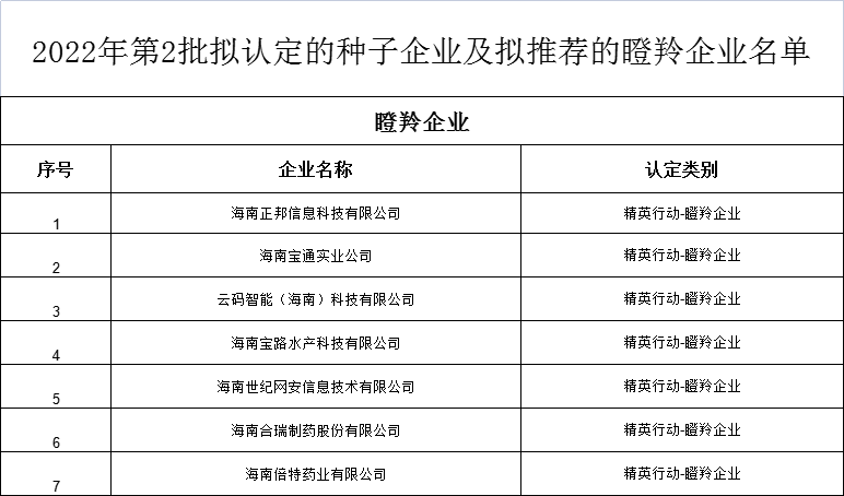 海南省高新技術瞪羚企業(yè)名單