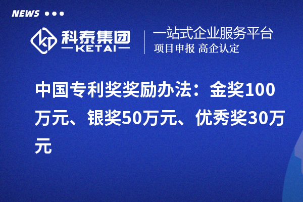 中國專利獎：金獎100萬元、銀獎50萬元、優(yōu)秀獎30萬元（省級）