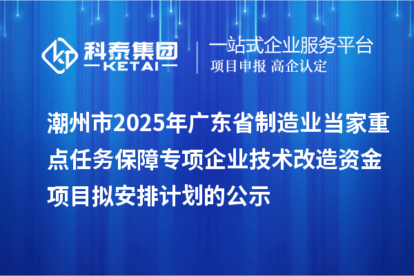 潮州市2025年廣東省制造業(yè)當(dāng)家重點(diǎn)任務(wù)保障專項(xiàng)企業(yè)技術(shù)改造資金項(xiàng)目擬安排計(jì)劃的公示