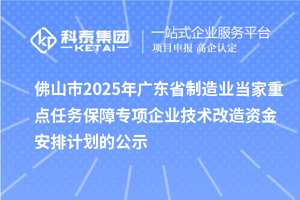 佛山市2025年廣東省制造業(yè)當(dāng)家重點任務(wù)保障專項企業(yè)技術(shù)改造資金安排計劃的公示